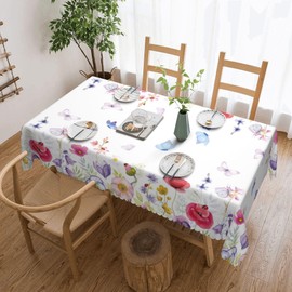 Rectangle Tablecloth, Watercolor Meadow Flowers and Butterfly Waterproof Table Cloth Cover, 60x84 inch Wipeable Rectangle Polyester Tablecloth for Outdoor Picnic Camping and Indoor Kitchen Dining