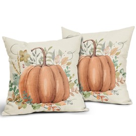 Fall Pillow Covers 18x18 Autumn Watercolor Orange Pumpkin Leaves Print Decorative Throw Pillows Outdoor Linen Cushion Cover Thanksgiving Farmhouse Pillow Case for Sofa Bed Living Room Decor Set of 2
