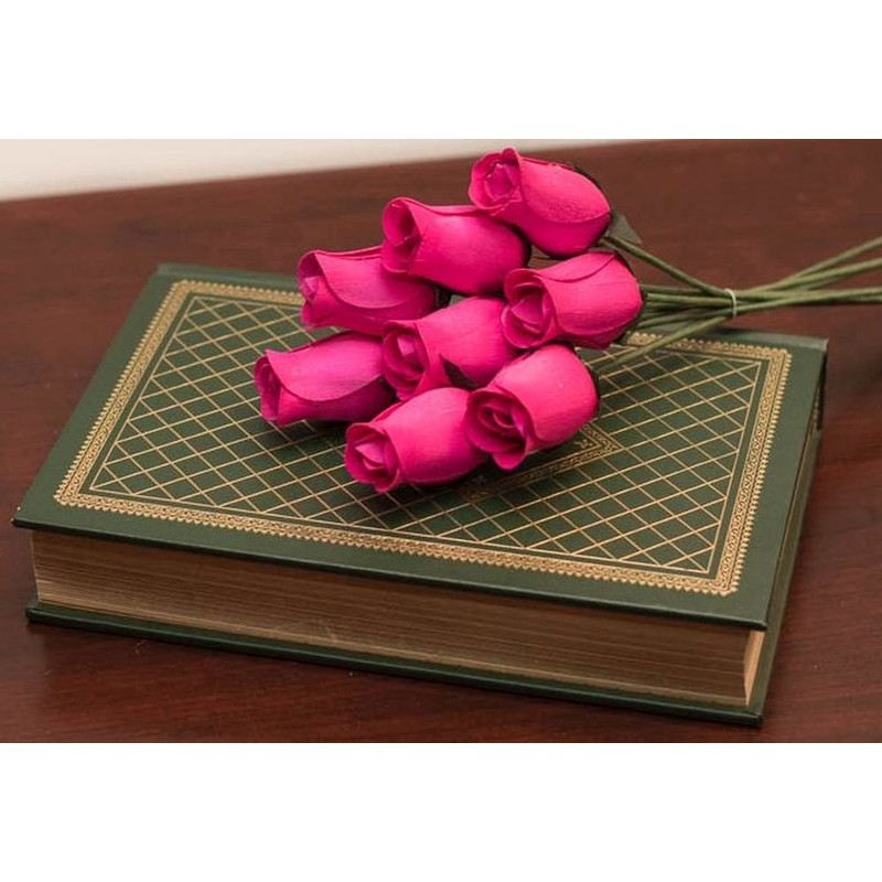 Hot Pink Bunch of 8 Closed Bud Wooden Roses for