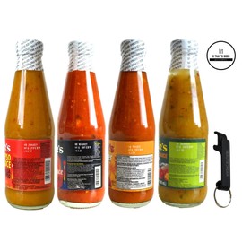 Matouk's Calypso Flambeau West Indian and Hot Pepper Sauce 10 Ounce Variety Pack of 4 with Keychain Bottle Opener in Sealed O That's Good Packaging (Pack of 4)