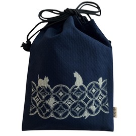 Edo-Ten Shingen Bag, Together Bag, 100% Cotton, Sashiko Fabric, Drawstring Bag, Goshuin Bookbag, Inner Pocket, Men's, Women's, Discharge Pattern, 057 Cloisonne Cat Navy Blue