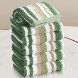 VOOVA & MOVAS Green Striped Towels - 100% Cotton, Quick Dry, Soft & Absorbent, 6PC Cotton Towels Set (Wash Cloth 13"x13"), Luxury Towel Set for Bathroom, Sage and Beige