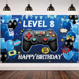 8th Birthday Party Decorations Banner - Blue Gaming Decoration Backdrop Boys Girls, Happy Birthday Background for Gamer Theme 8 Years Old Party Supplies