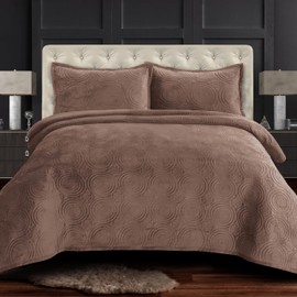 Tribeca Living Oversized Velvet Quilt, 2-Piece Twin Bed Set, 260GSM Soft Quilted Velvet, Includes One Quilt & One Sham, Taupe