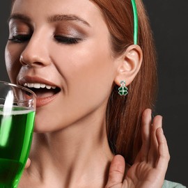 Sterling Silver St Patrick's Day Shamrock Irish Four Leaf Clover Earrings for Women Horseshoe Green Shamrock Leaves With CZ Stud Earrings Celtic Jewelry for St Patrick's Day Valentine Day Gifts,