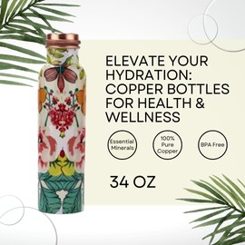 Perilla Home - Botella de agua de cobre de 34 onzas, a prueba de fugas, 100% pura, un recipiente de cobre ayurvédico, bebe más agua y disfruta de los beneficios para la salud inmediatamente/botella de