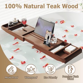 Teak Bathtub Tray, Wooden Bath Tub Tray Expandable, Bathtub Caddy Tray for Tub Bath Organizer with Book and Wine Glass Holder