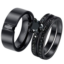 ringheart 2 Rings His and Hers Couple Rings Black Cz Rings Womens Wedding Ring Sets Titanium Steel Mens Wedding Bands