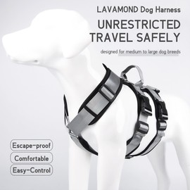 LAVAMOND Large Dog Harness No Pull, Escape Proof Dog Harness with Handle, 4 Buckles 2 Rings Soft Padded, No Slip Adjustable Medium Dog Harness Easy Walk for Hiking Training, Grey, M
