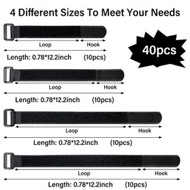 Velcro Cable Ties, Resealable, 20 mm Wide, 4 Different Lengths 150, 200, 250, 300 mm, Black Nylon, Pack of 40