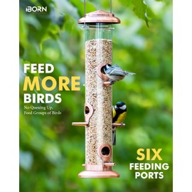 iBorn Metal Bird Feeders Brushed Copper Wild Bird Feeder for Outdoors Hanging All Metal Brushed Copper Finishing 14 Inch 6 Port,Pack of 2