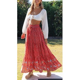 ZESICA Women's 2023 Bohemian Floral Printed Elastic Waist A Line Maxi Skirt with Pockets,Red#2,Small