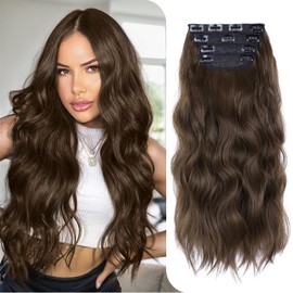 Clip-in Hair Extensions for Women 4PCS 20 Inch Long Wavy Chestnut Brown Thick Natural & Soft Hairpieces Full Head Synthetic Hair Hairpiece