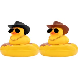 wonuu 2Pcs Duck Car Dashboard Decorations Rubber Duck Car Ornaments for Car Dashboard Decoration Accessories with Mini Swim Ring Sun Hat Necklace and Sunglasses, Cowboy-Black Set-Black+Brown