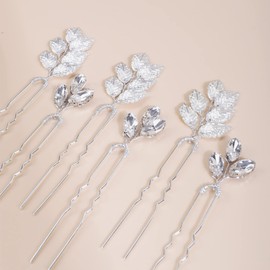 Deniferymakeup 6PCS Wedding Bridal Gold Leaf Hair Pins Set Crystal Hair Pins Crystal Hair Piece Wedding Hair Accessory for Brides Bridesmaid (Silver)