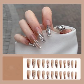 E EMZHOLE False Nails Long Fake Nails Gold Foil Press on Nails Ballerina Acrylic Stick on Nails 24pcs for Women and Girls (03)