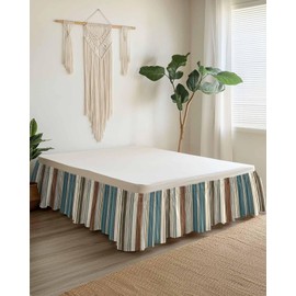 Rustic Striped Wrap Around Bed Skirt Queen Size Blue Beige Brown Stripes Pleated Ruffle Easy Fit with 16 Inches Drop Adjustable Elastic Dust Ruffles Bedskirt Bed Frame Cover