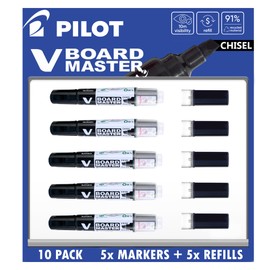 Pilot V Board Master Whiteboard Marker, Chisel Tip, 10 Pack (5 Markers + 5 Refills), Black