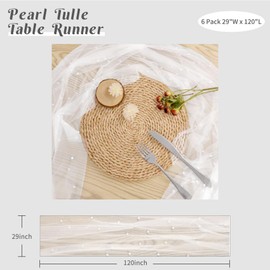 JALANCY Set of 6 Pearl Table Runner 60 x 120 Inch White Tulle Fabric Lace Table Runners Boho Rustic Tablecloth for Bridal Shower Birthday Party Wedding Arch Aisle Veil Dessert Table Decor(White)