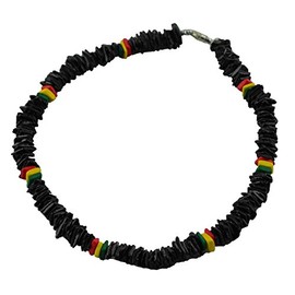 Tiger Smile Real Chips Puka Shell Necklace 18" Rasta Black