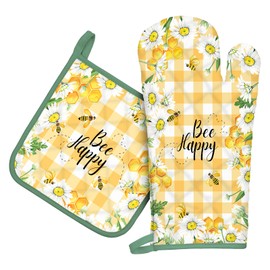 Arquiel Bee Daisy Oven Mitts and Pot Holders Sets 100% Cotton Heat Resistant, Extra Long Oven Gloves Potholder for Kitchen Cooking Baking Housewarming