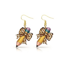 Teacher Pencil Bow Earrings for Women Leopard Print Bow Dangle Earrings Graduation Back to School Teachers Jewelry Classroom Outfit Accessories Teacher Appreciation Gift
