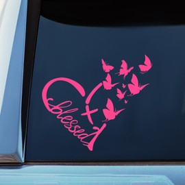 Blessed Cross & Butterfly Heart Decal – Inspirational Faith Vinyl Sticker for Vehicles, Windows & Home Decor | 8.6"x7.5" (Pink)