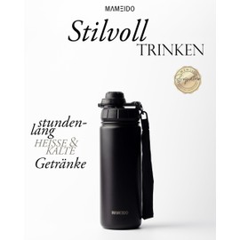 MAMEIDO Thermos Flask 500 ml with Straw, Children's Stainless Steel Insulated Water Bottle, Leak-Proof, BPA-Free (Rich Black, 0.5 L)