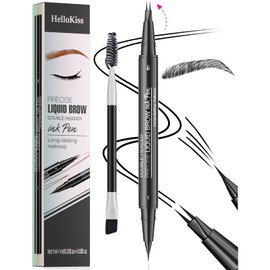 9708 2-Tip Double-Ended Eyebrow Pen, 2-in-1, with Eyebrow Brush. Waterproof and Sweat Proof,Precise Liquid Brow, 5 Shades, Long-Lasting(5#Black)