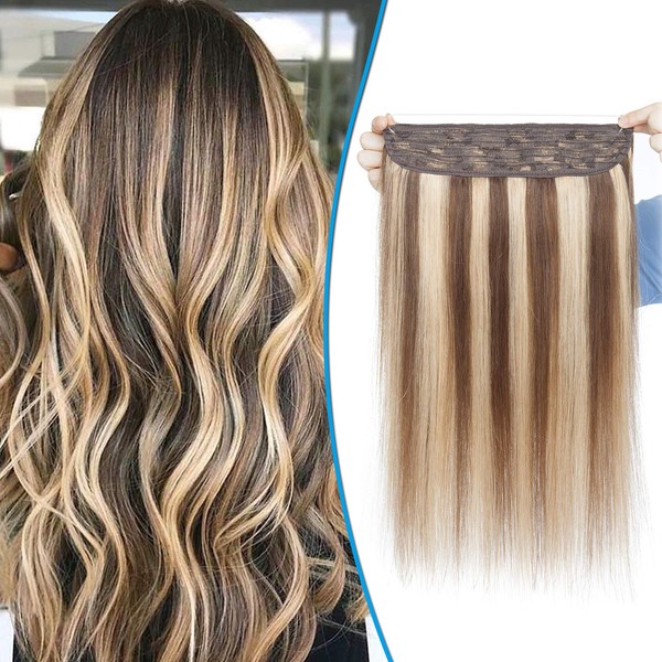 Silk-co Real Hair Extensions with Transparent Cord, Wire-in Extensions Medium Brown Highlights Dark Blonde 110 g, Secrets Hair Extensions, Hair Extensions Hair Extensions for Women, 50 cm, #4P27