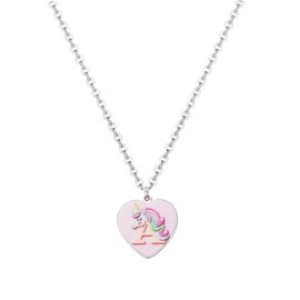 Initial Necklaces Heart Pendant Necklace, Silver Chain, Pink Heart Charm with Rainbow Design (A)