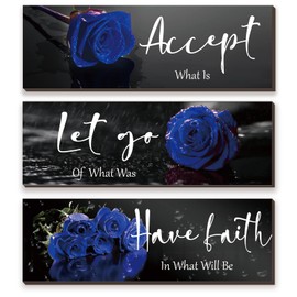ZINYAZHE 3 Pcs Blue Wall Decor Inspirational Blue Bathroom Wall Decor Wooden Blue Rose Wall Art Office Wall Decor With Accept Let Go Have Faith Quotes For Girl Women Bathroom Bedroom(Blue 16 X 5Inch)
