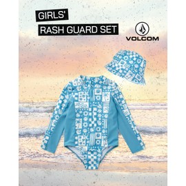 Volcom Baby Infant Toddler Girls Long Sleeve Swimsuit - 2 Piece UPF 50+ One Piece Rashguard Bathing Suit with Hat, Size 2T, Ice Blue