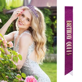 Velscrun Happy Birthday Queen Violets Tiara Crowns for Women, Birthday Girl Sash, Birthday Party Favors Supplies Birthday Gift for Her, 21st Birthday Party Decorations, Birthday Stuff Accessories
