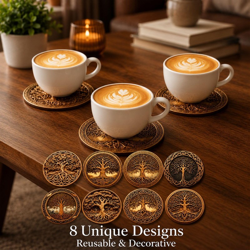 8PCS Wooden Coasters, Coaster Set with Tree Design for Home