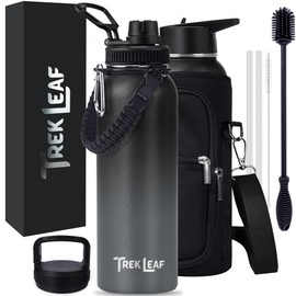 Trek Leaf Travel Water Bottle with Carrying Bag, 3 Lids (Spout, Straw, Handle), and Bottle Brush; Leak Proof, Quality, Vacuum Insulated, Stainless Steel (Charcoal Fog, 40 oz)