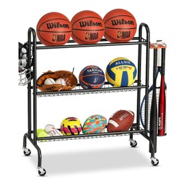 Sports Equipment Organizer Storage, Garage Ball Storage Basketball Rack Ball Rack Small Outdoor Rolling Cart with Wheels, 3-Layer Ball Holder with Two Basket for Basketballs Footballs Volleyball