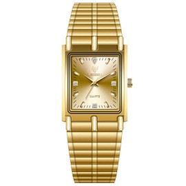 JewelryWe Gold Square Couple Watches: Analog Quartz Waterproof Stainless Steel Casual Dress Wristwatch for Men Women