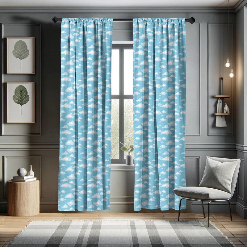 Ambesonne Blue and White Curtains, Cartoon Sky with Fluffy Clouds