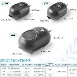 FEDOUR 2.5W 4W 6W Aquarium Air Pump, Powerful Adjustable Fish Tank Oxygen Pump for up to 1200Litres Fish and Turtle Tank, Quiet Aquarium Air Bubbler (4W for up to 600L)