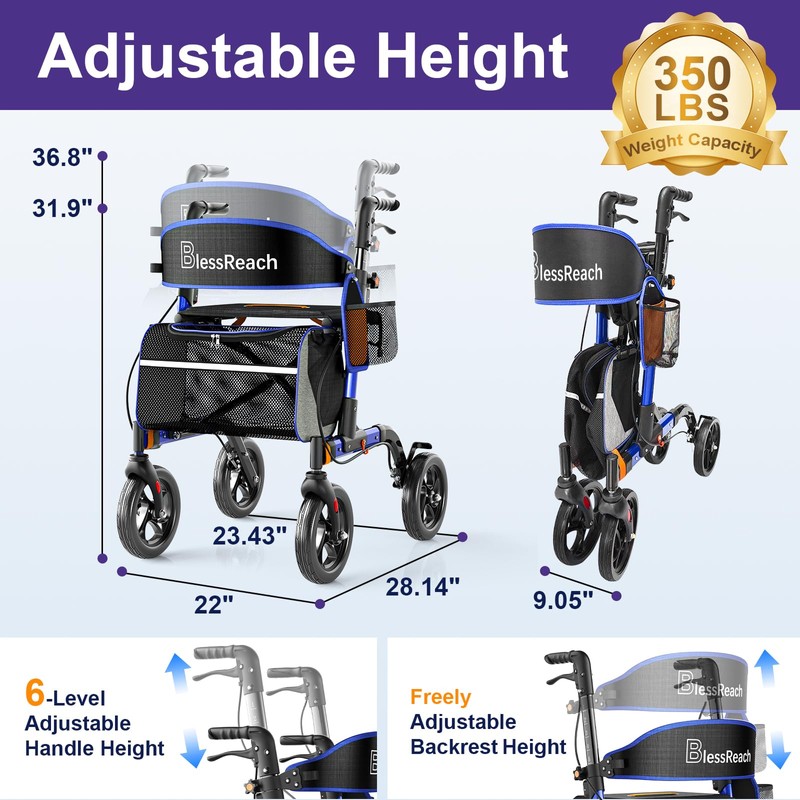 BlessReach Rollator Walkers for Seniors with Seat, Lightweight Walker, Blue