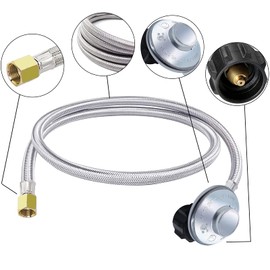 MOFLAME Regulador de propano QCC1/tipo 1 de 90 grados y manguera trenzada de acero inoxidable de 4 pies, para dar un destello macho de 3/8 pulgadas a boquillas NPT macho de 1/8 pulgadas para parrilla de mesa, mesa de chimenea, estufa individual de hierro
