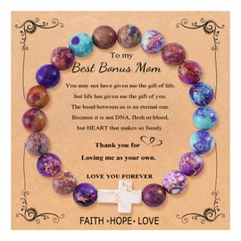 QWNHONEY Gifts for Bonus Mom Mothers Day Birthday Christmas Cross Beads Bracelet Colorful Imperial Stone Catholic Religious Jewelry Gifts