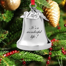 FKOG 2024 It's A Wonderful Life Christmas Bell Ornament, Silver Christmas Tree Bell and Sleigh Bell Ornament Decoration Gifts with Angel Wing Charm (It's a Wonderful Life Bell)