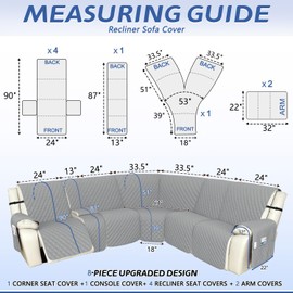 Arfntevss Recliner Sectional Couch Covers 1OO% Waterproof L Shape Sofa Cover for Reclining L Shaped Sectional Slipcover Dog Washable Corner Non Slip Protector (5 Seater with 1 Console, Silvery Gray)