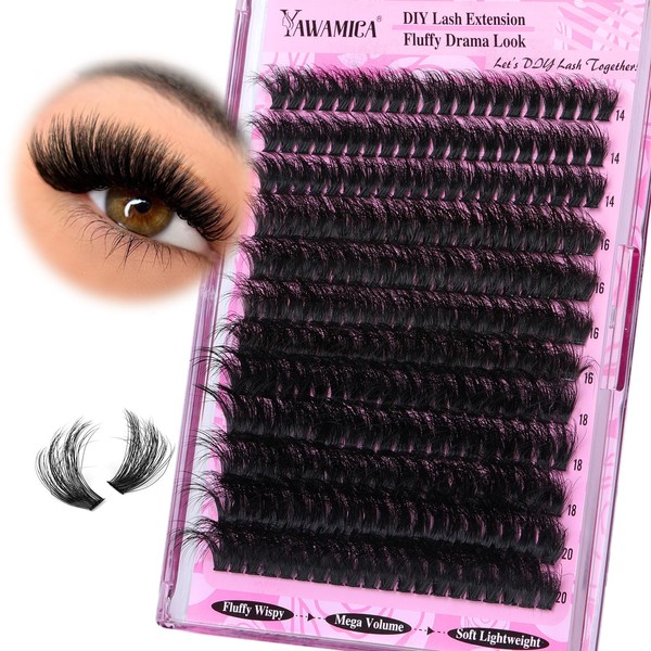 Yawamica Fluffy Lash Clusters Thick 200D Volume Eyelash Clusters 14-20mm Wispy Individual Lashes D Curl Cluster Eyelash Extensions 240pcs DIY Lash Extension for Beginners