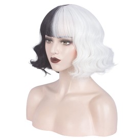 WeKen Black and Blonde Wig for Girls Short Wavy Half Black Half Blonde Wig with Bangs Cruella Deville Costume Women Cosplay Synthetic Wig Daily Party (Black White with Bangs)