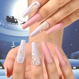 Aceorna Extra Long Press on Nails Glossy Coffin Fake Nails Snowflake Xmas Full Cover Acrylic Nail Christmas False Nails for Women and Girls 24PCS (Type B)