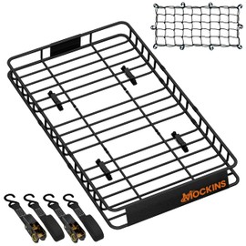 Mockins 50"x36"x4.5" Extendable Roof Rack Cargo Carrier for Top of Vehicle | 250 Lbs. Cap Weatherproof Steel Car Rooftop Cargo Carrier Basket | Heavy Duty Roof Rack Basket Set w/Straps & Bungee Net