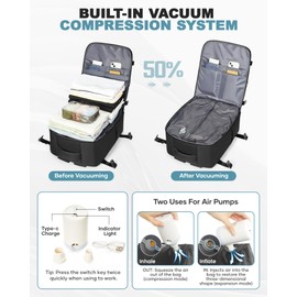 coofay Large Vacuum Backpack Travel with Pump Vacpack Travel Backpack with Vacuum System Compression Backpacks for Travel Easy Vac Pack Carry on Luggage
